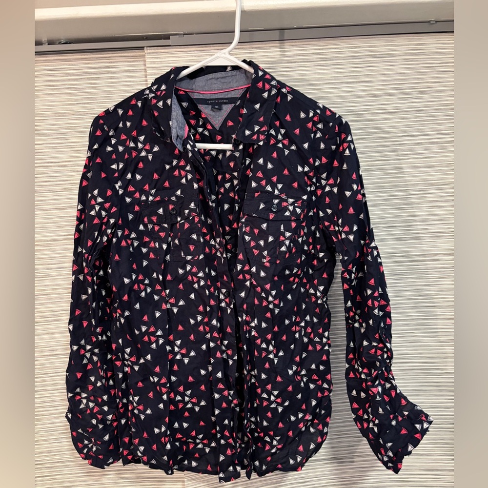 Tommy Hilfiger Navy Button-Down Shirt with Pink & White Sailboats